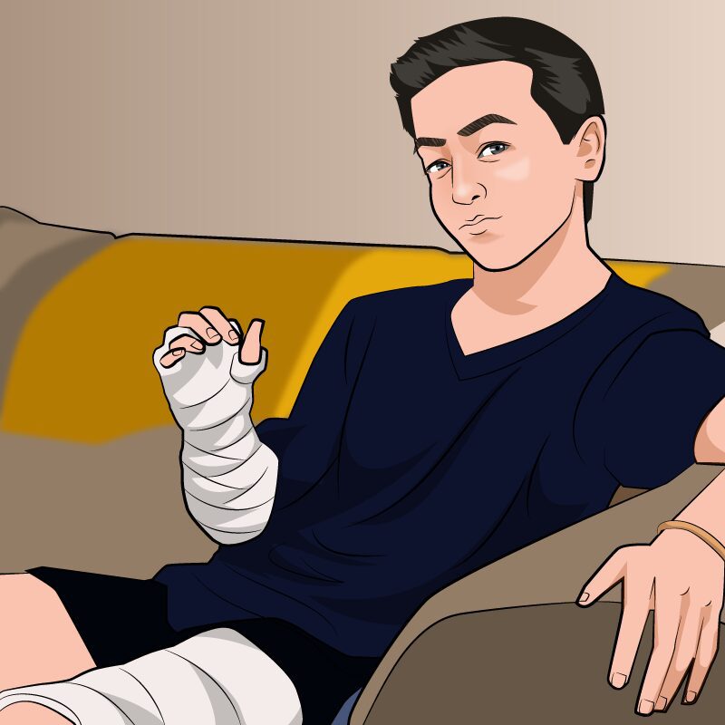 A man with bandaged arm sitting on the couch.