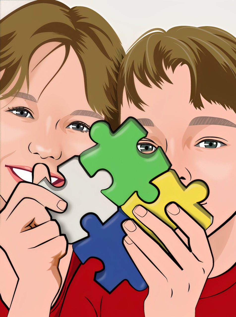 Two children holding a puzzle piece in their hands.