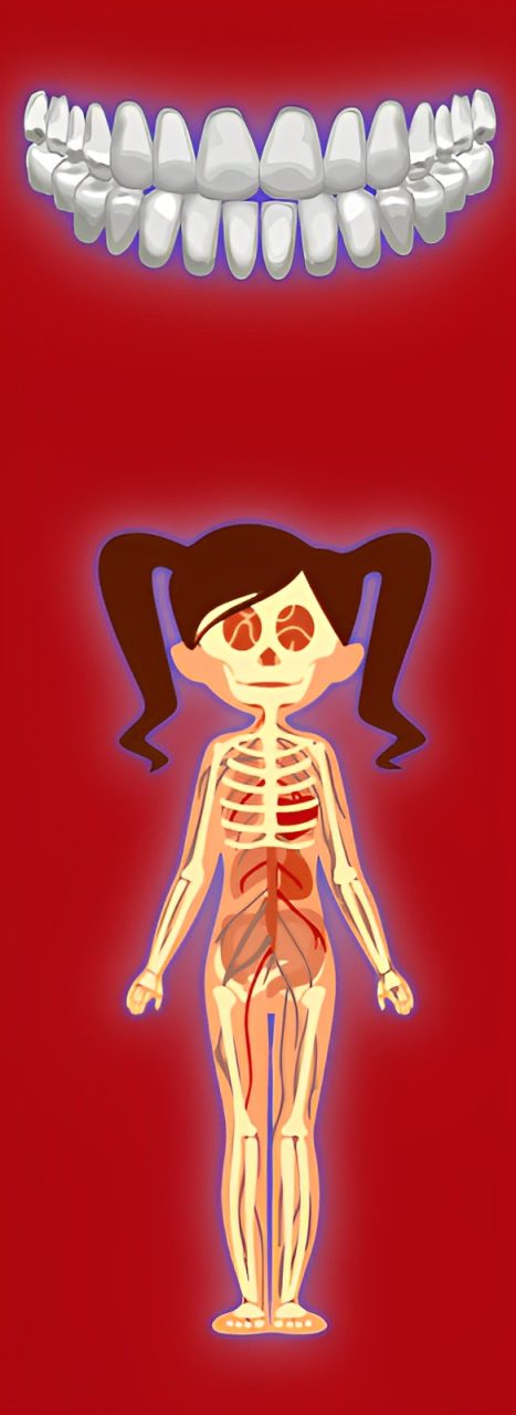 A cartoon of a girl with pigtails and an anatomical skeleton.