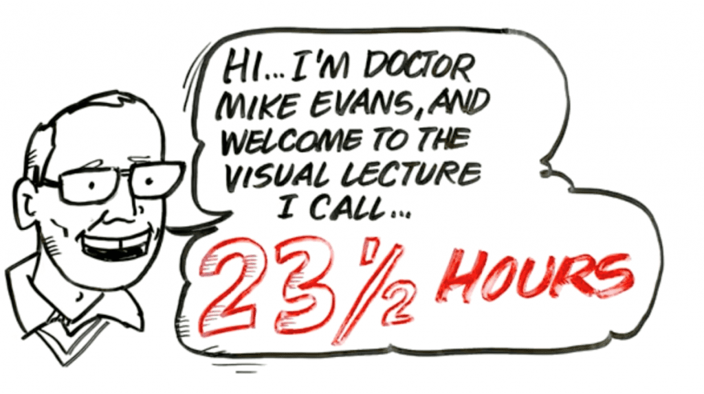 A cartoon of a person talking about the 2 3 ½ hours per lecture.