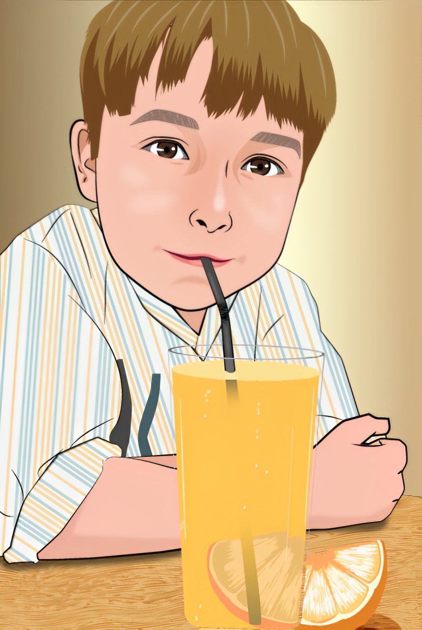 A boy is drinking orange juice with a straw.