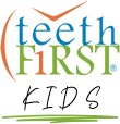 A green background with the words teeth first kids written in different colors.