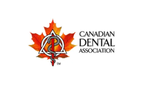 A canadian dental association logo with a red maple leaf.