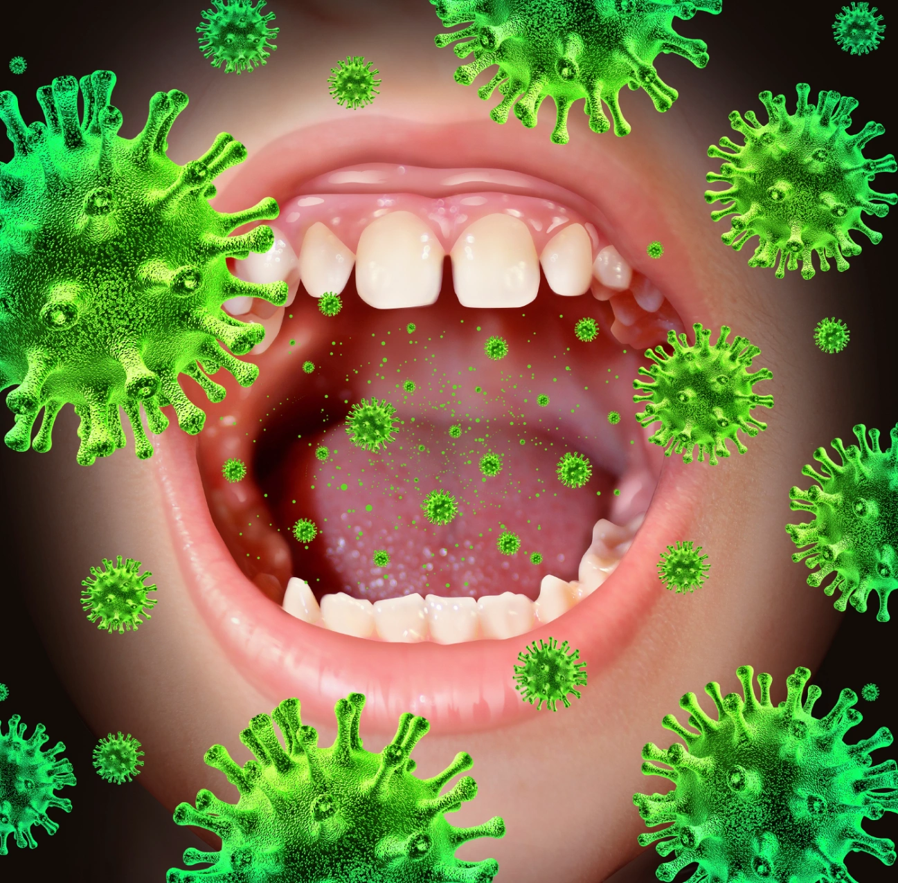 A close up of a person 's mouth with green viruses around it.