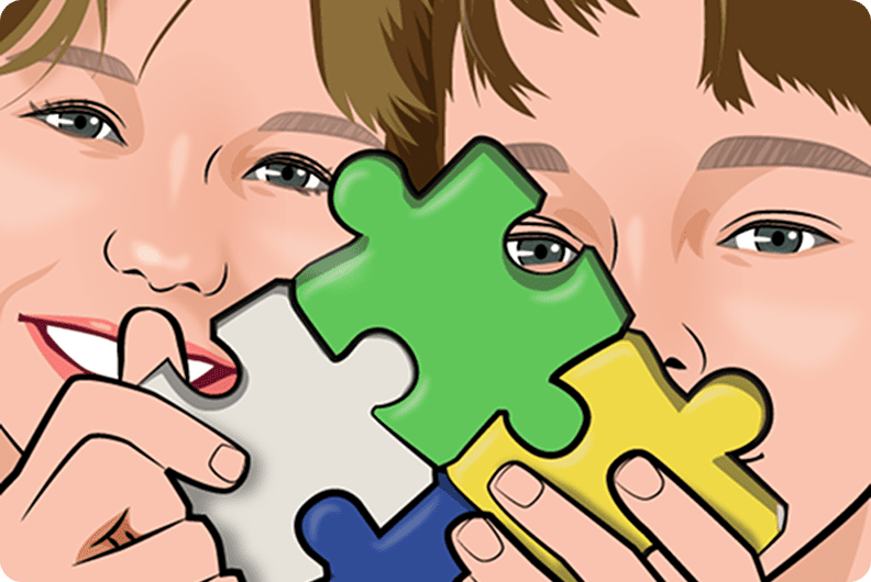 A cartoon of two people holding puzzle pieces